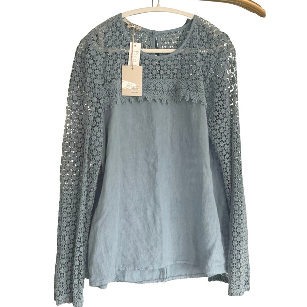 Francesca Bettini Light Blue Crochet Yoke Long-Sleeve Womens Blouse XL